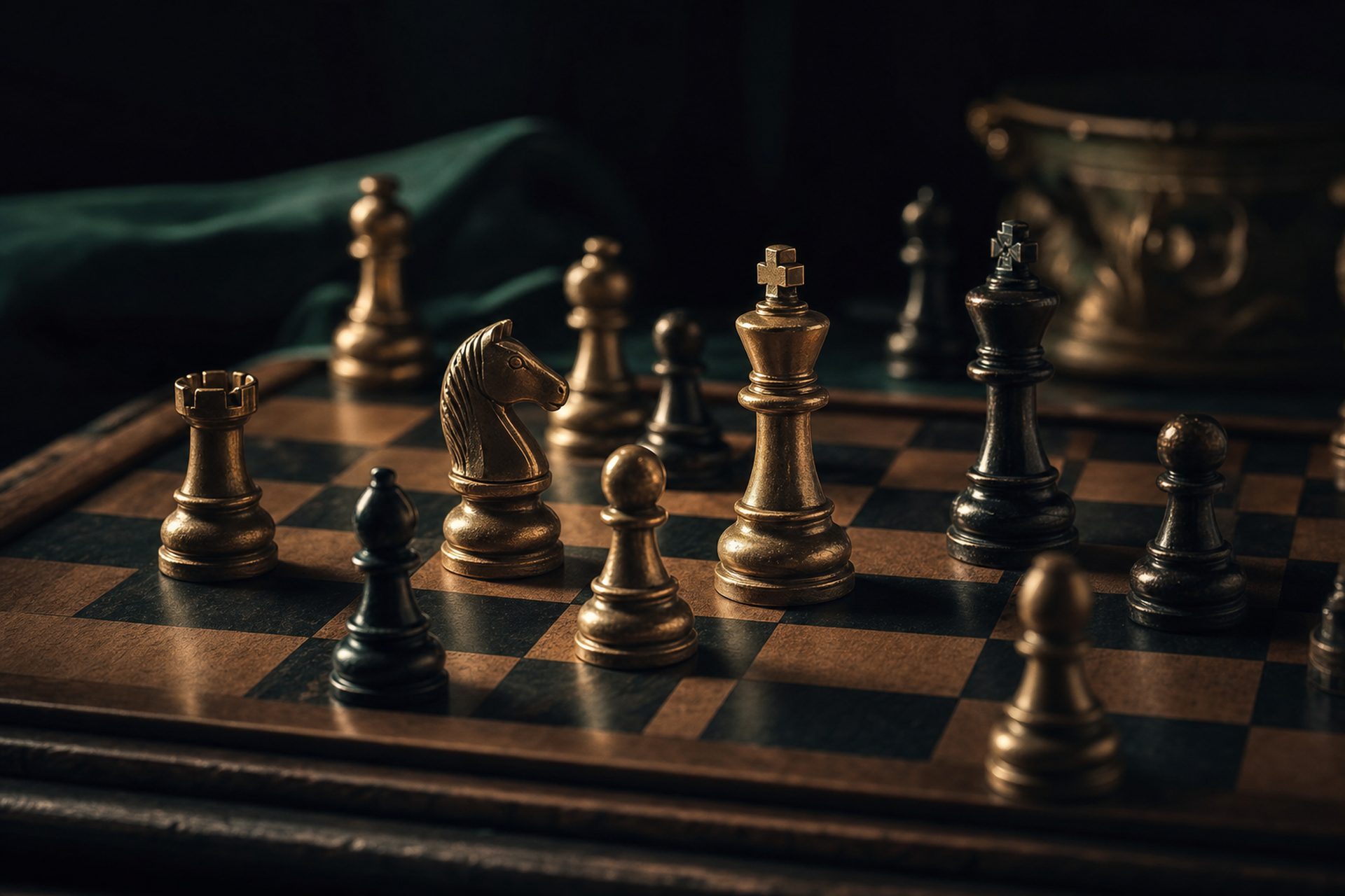 Деревянная шахматная доска с латунными фигурами в драматичном освещении